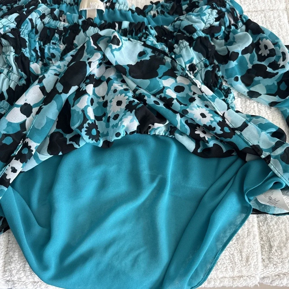 Michael Kors Y2K Blue Ruched Top M Long Sleeve Floral Fairy Boho Festival